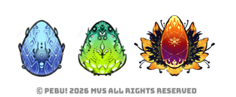 Three pebi eggs, listed from left there is a blue crystal egg, in the middle there is a soft core green spiky egg and to the right a flaming hot ember-like egg.