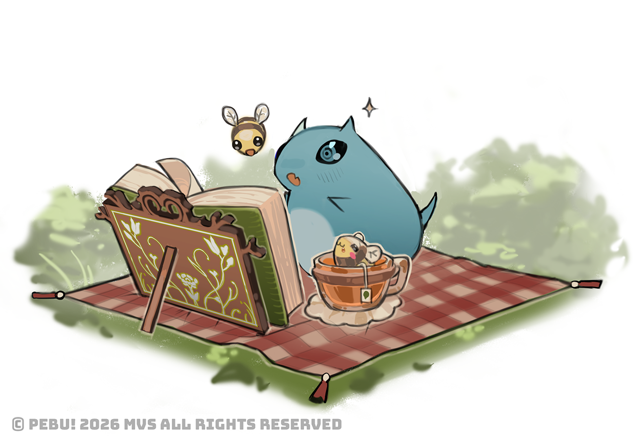 A pebu reading over a picnic blanket, he is surrounded by jollybees. He is amazed by what he is reading.