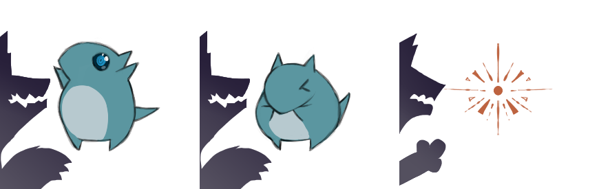 A pebu is startled facing a danger, it curls then disappears from harm! Being moved to a safe location by its telepepiportation innate abilities.